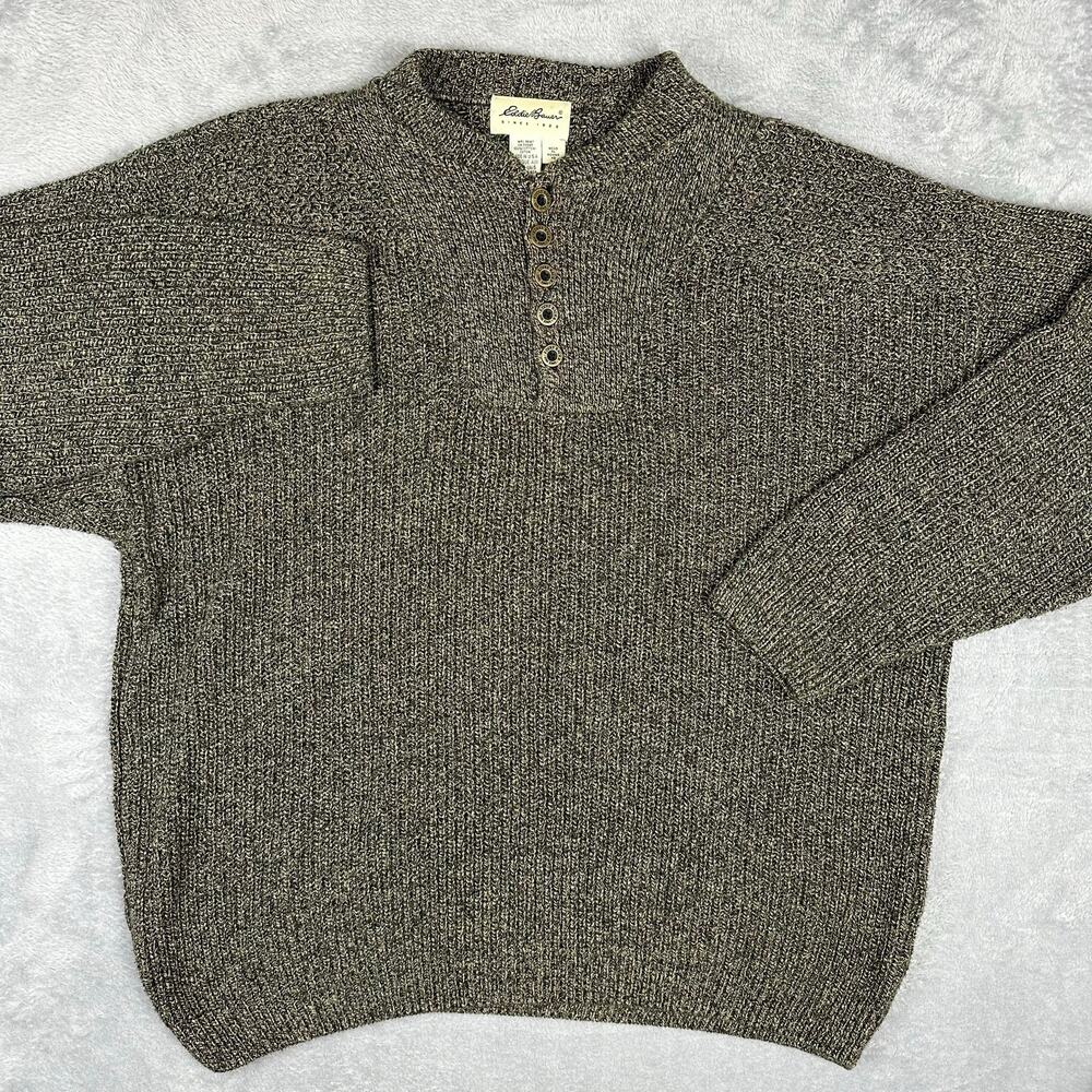 Eddie Bauer Fisherman Sweater Men XL Henley Brown Green Chunky Knit Pullover USA
